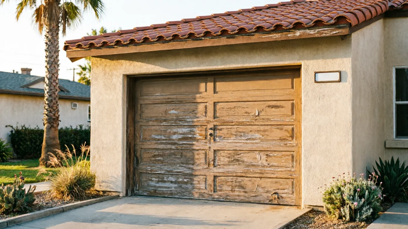 The garage door is weathered and peeling, with a stucco house and red tile roof.