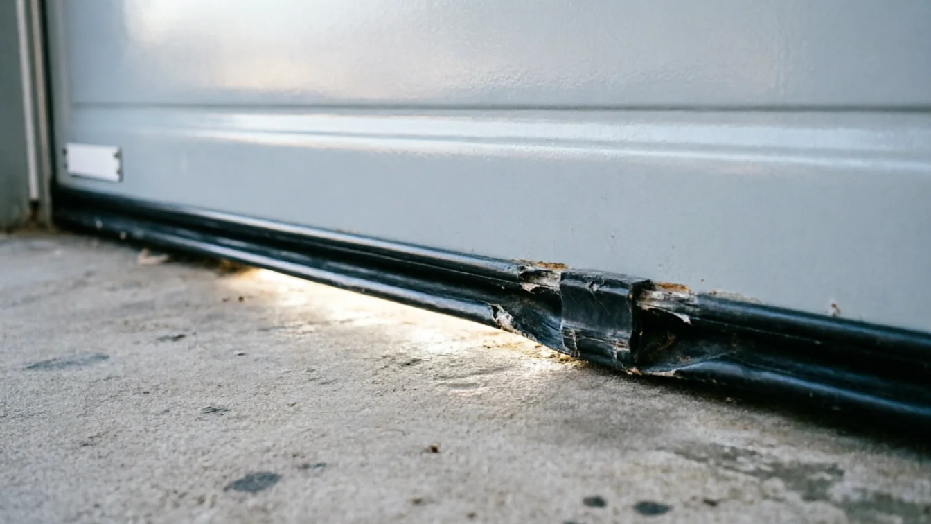 The bottom seal of a gray garage door is damaged and torn.
