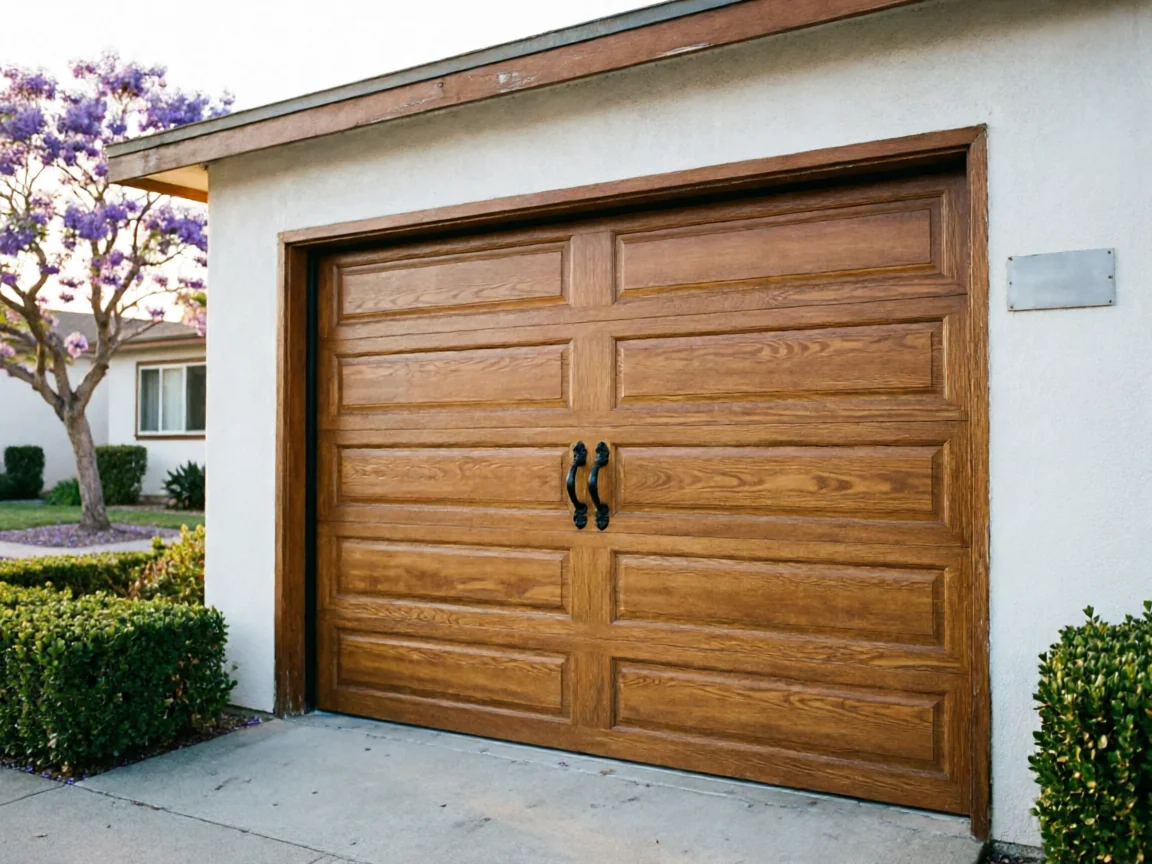 A brown wooden garage door with black handles on a white house.